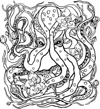 Vector illustration of an octopus with long tentacles in orchid flowers. Unique hand drawing. Black and white illustration for feeding and coloring.