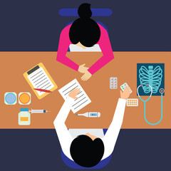 top view of doctor's table in doctor's room full of medical stuff. vector illustration