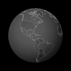 Dark globe centered to Jamaica. Country highlighted with red color on world map. Satellite world projection. Elegant vector illustration.