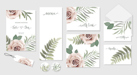 Fototapeta na wymiar Set of floral card with herbal branch and rose. Greenery frame. Rustic style. For wedding, birthday, party, save the date. Vector illustration. Watercolor style