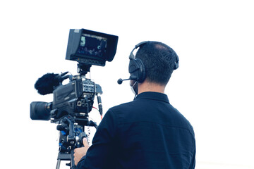 Cameraman on the set of the ultimate concert show. Masked against coronavirus