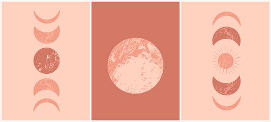 Fototapeta Abstract contemporary aesthetic cards set with moon phases. Mid century  minimalist art print. Boho modern wall decor. Organic terracotta shapes. Mystery vector background obraz