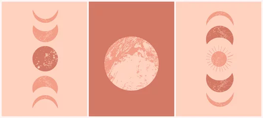 Fotobehang Abstract contemporary aesthetic cards set with moon phases. Mid century  minimalist art print. Boho modern wall decor. Organic terracotta shapes. Mystery vector background © natikka