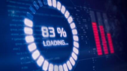 futuristic interface with a circular progress bar, loading data, programming code on background (3d render)