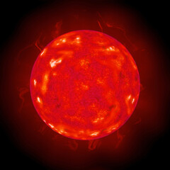 Red dwarf. Big star in deep space. Big hot gas giant.