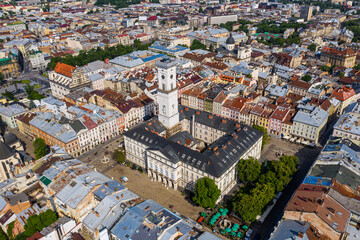 Fototapeta na wymiar Lviv from a bird's eye view. City from above. Lviv, view of the city from the tower.
