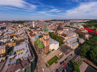 Lviv from a bird's eye view. City from above. Lviv, view of the city from the tower.
