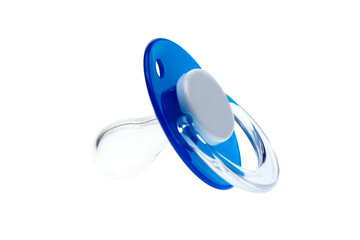 a silicon pacifier babies made of transparent soft latex, blue plastic soother isolated on white...