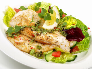 Plaice Fish Fillet with Salad on white Background - Isolated