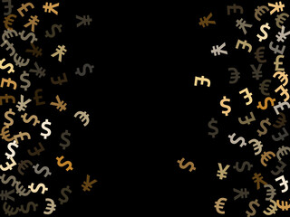 Euro dollar pound yen metallic icons scatter currency vector background. Finance pattern. Currency 