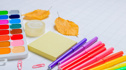 School supplies on a white checkered paper background. Back to school. New academic year begin. Place for text.Stationery set.Teacher's Day. Selective focus.