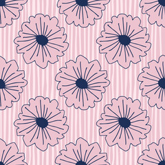 Geometric botanical seamless pattern with outline daisy flowers on stripe background. Pastel colors.