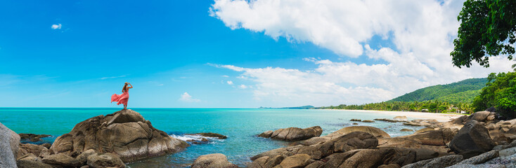 Wide panorama traveler woman in dress stand on rock joy nature scenic landscape Sichon beach, Panoramic view tourist travel thailand summer holiday vacation, Tourism beautiful destinations place Asia - obrazy, fototapety, plakaty