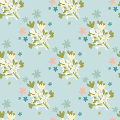 Seamless pattern with flowers silhouettes. Blue background with green and white botanic elements. Abstract design.