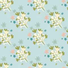 Foto op Canvas Seamless pattern with flowers silhouettes. Blue background with green and white botanic elements. Abstract design. © smth.design