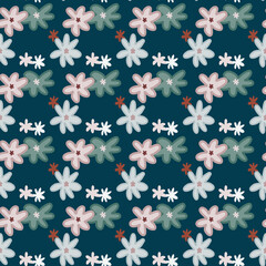 Chamomile seamless doodle naive pattern. Dark turquoise background with pink and blue floral ornament.