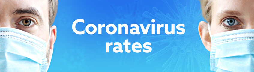 Fototapeta premium Coronavirus rates. Faces of man and woman with face mask. Couple wearing breathing mask. Blue background with text. Virus, corona, coronavirus
