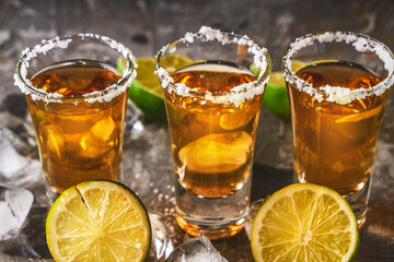 Appetizing tequila with lime and salt in a glass with ice