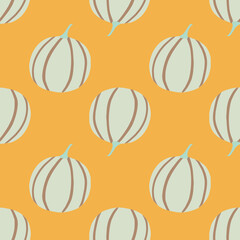 Seamless doodle pattern with pumpkins. Orange background with light blue food elements. Simple backdrop.