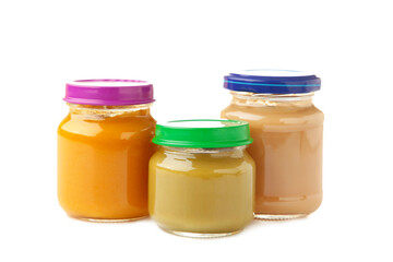 Jars of baby puree isolated on white background.