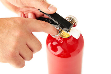 Man holding fire extinguisher isolated over white background, with clipping path.