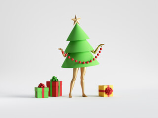 Fototapeta na wymiar 3d render. Green Christmas tree cartoon character with mannequin legs stands near wrapped gift boxes. Minimal seasonal clip art isolated on white background. Unique toy
