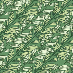 Naklejka na ściany i meble Pastel green tones seamless pattern with outline leaves ornament. Simple floral backdrop.