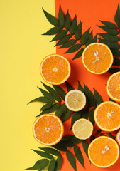 Composition of halves of lemons and oranges with green leaves on a bright yellow-orange background, Flat lay