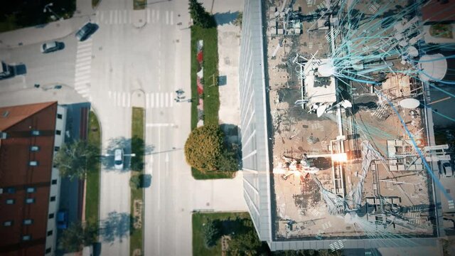 Drone fly over a post apocalyptic scenario in an urban area with building rooftop full of 5G tower Antenna with digitally generated micro waves. Noise radioactive pollution