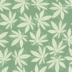 Random seamless patern with marijuana leaves. Drug elements in light color on pastel green background.