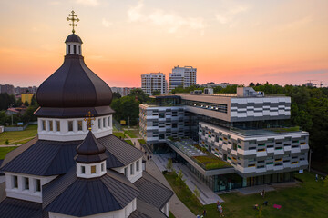 The Metropolitan Andrey Sheptytsky Center in Lviv, Ukraine. View from drone