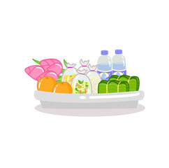 foods fruit water and lotus flower for give alms buddhist monk vector