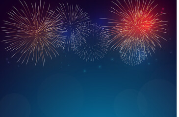 Fototapeta na wymiar Colorful firework on twilight blue background. Fireworks for festive event.
