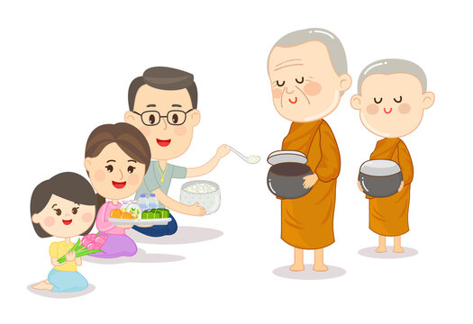 foods fruit water and lotus flower for give alms buddhist monk vector