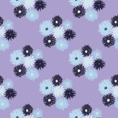 Chrysanthemum hand drawn silhouettes seamless doodle pattern. Light purple background with blue and navy flowers.
