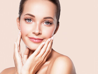 Beauty woman portrait healthy skin manicure hands  natural make up