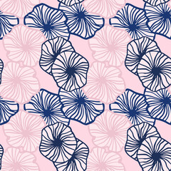 Pink and blue contoured flowers seamless pattern. Abstract botanic ornament in stylized artwork.