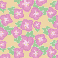 Abstract water color flower vector pattern, repeating pink flower with green leaves on yellow background. Pattern is clean for fabric, wallpaper and printing. Pattern is on swatches panel