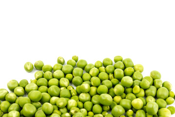 Green young peas, isolated on white background. Close-up. Top view
