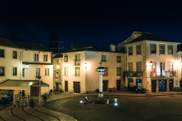 Fototapeta na wymiar Night view of Alexandre Herculano Square in Constancia in the Santarem District of Portugal
