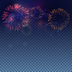 Colorful firework on twilight with transparent background. Fireworks for festive event.
