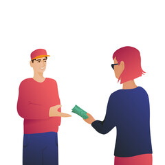 A beautiful young girl in sunglasses holds out cash to a guy in a cap. Man and woman, monetary transaction on a white background.