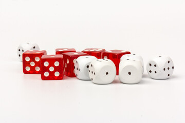 White and red glass dices isolated on white background.
