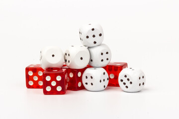 White and red glass dices isolated on white background.