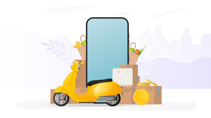 Online shopping banner. Yellow scooter with food shelf, telephone, gold coins, cardboard boxes, paper grocery bag. Online food ordering and delivery and delivery concept.
