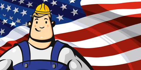 Builder on the background of the American flag - 370580226