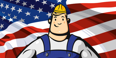 Builder on the background of the American flag - 370580272