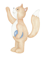 Cute little fox or cat with a ball. Drawing watercolor.