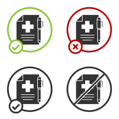 Black Medical prescription and pen icon isolated on white background. Rx form. Recipe medical. Pharmacy or medicine symbol. Circle button. Vector Illustration.