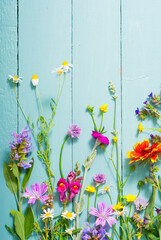 herbal and wildflowers on blue wooden table background
